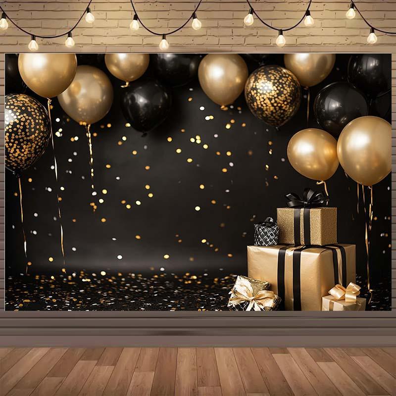 Ein schwarz-goldener kombinierter Feierhintergrund, begleitet von Luftballons, Konfetti und Geschenkboxen - geeignet für Geburtstage