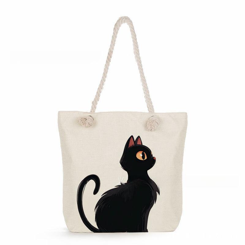 Black cat print thick rope single-shoulder beach bag 7364