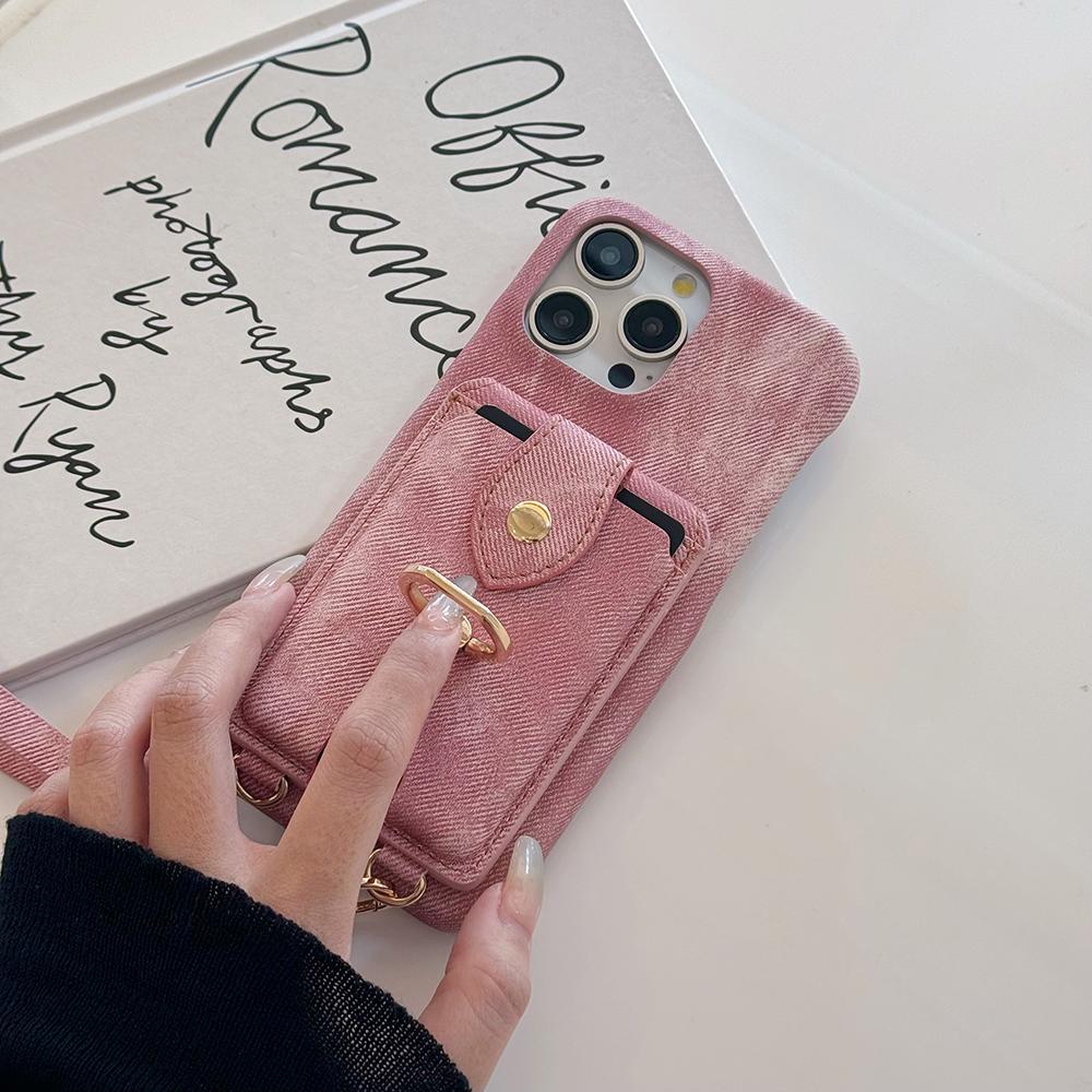 For iPhone 15 Pro Case Ring Kickstand Card Holder Jeans Cloth Texture PU Leather Back Cover with Strap
