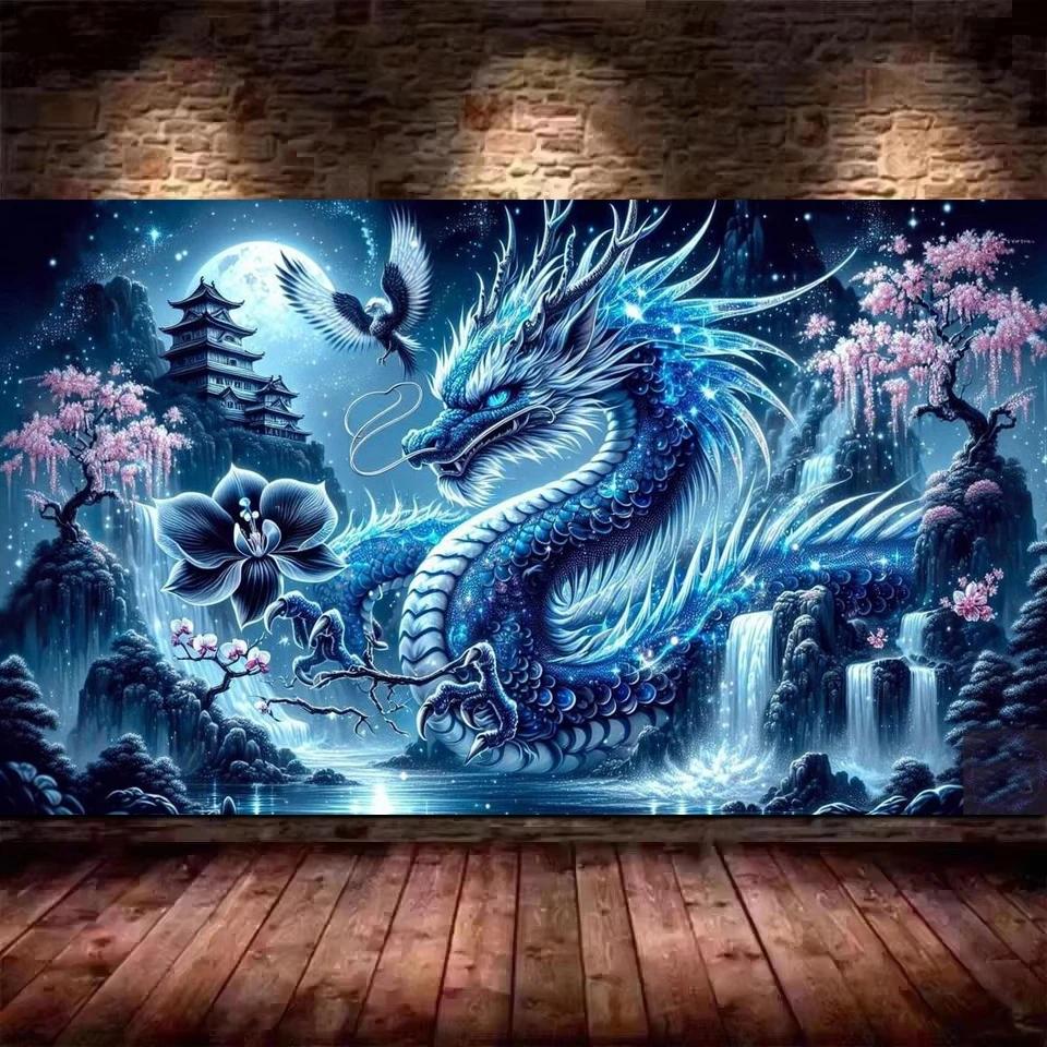 Ice Dragon,Fantasy Landscape Waterfall Flowers DIY 5D Diamond Painting New 2025 Full Mosaic Diamond Embroidery Sale Big Size