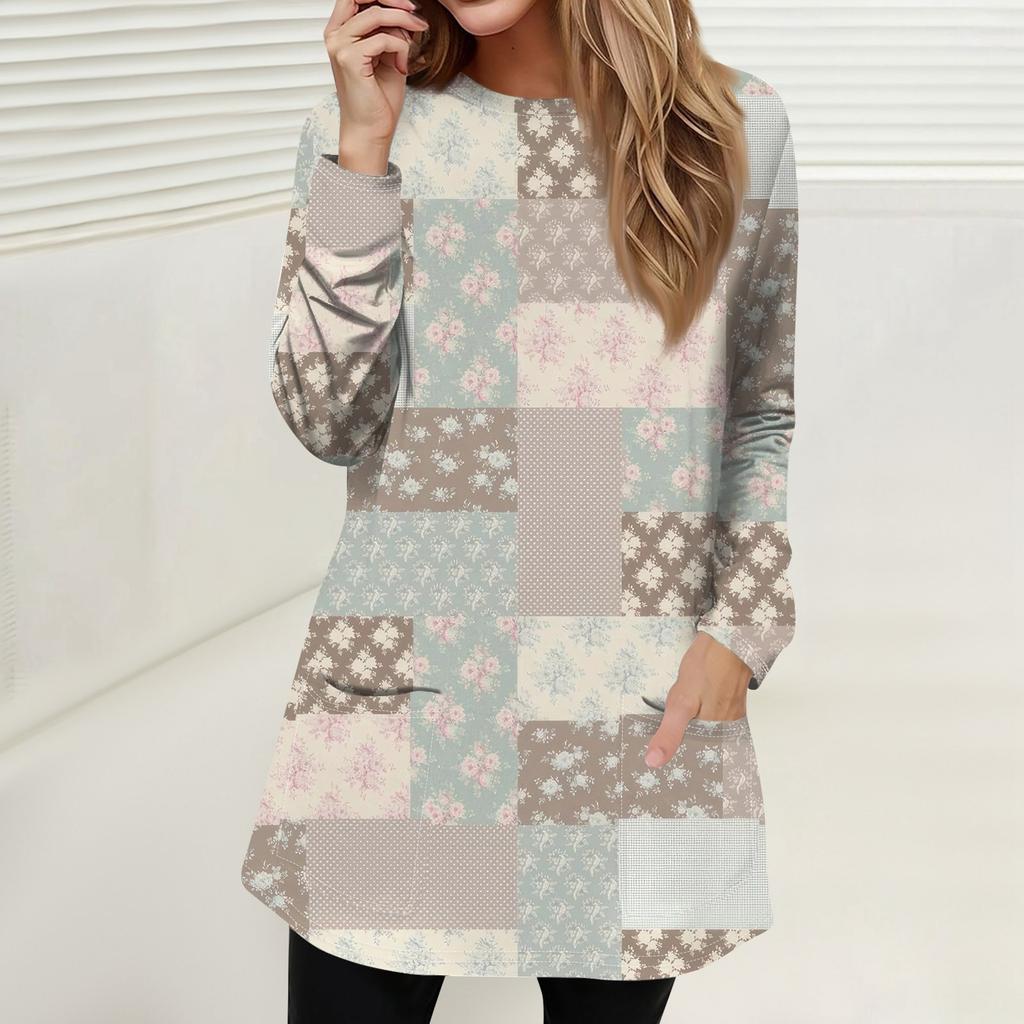 Women's Fashion Casual Pullover T-Shirt Round Neck Pocket Stripe Patchwork Printed Long Sleeve Top