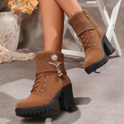 Large Size Martin Boots Winter New British Wind and Water Diamonds Wool Mouth Round Head Thick Heel Medium Tube