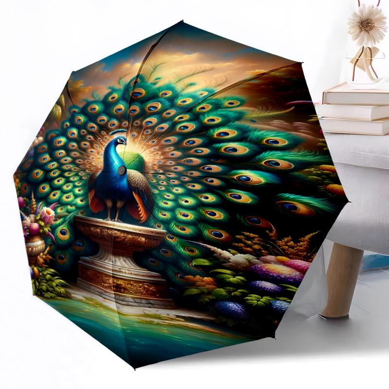 Peacock Elegance In Bloom Compact Travel Automatic Umbrella Folding Umbrella with 8 Ribs Lightweight for Women/Men Compact Folding Umbrella