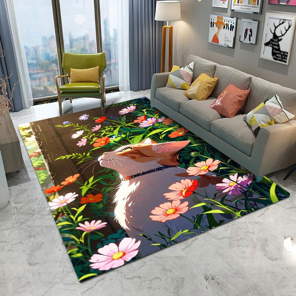 Cute Cat Flowers Carpet Cartoon Living Room Bedroom Kitchen Sofa Entrance Rug Non-slip Washable Home Beautiful Girl Decor Mat
