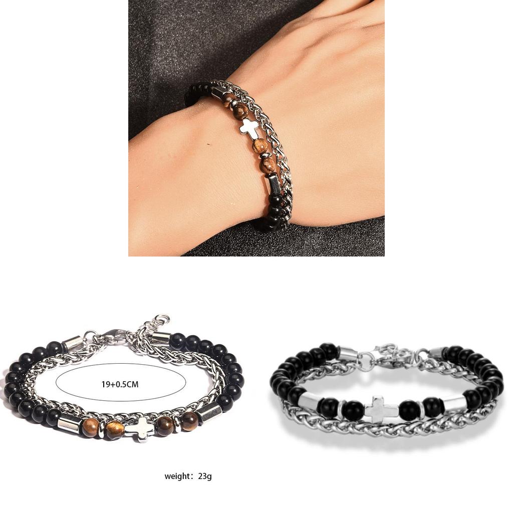 Mens Stainless Steel Beaded Bracelet With Lion Head Cross For Gift Giving