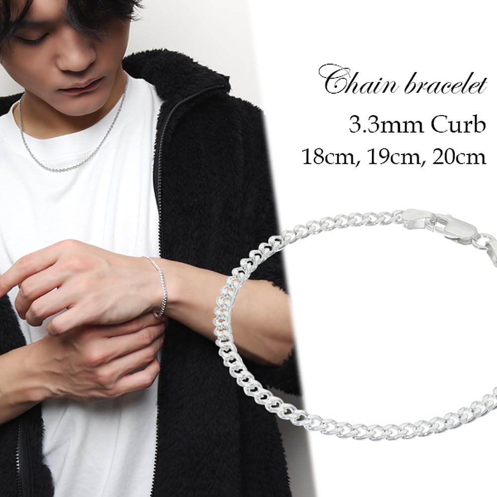 Shinjuku Gin No Kura 3.3mm Wide Curb Chain Silver 925 Bracelet, 18cm, Men's, Simple, Elegant, Slim Fit