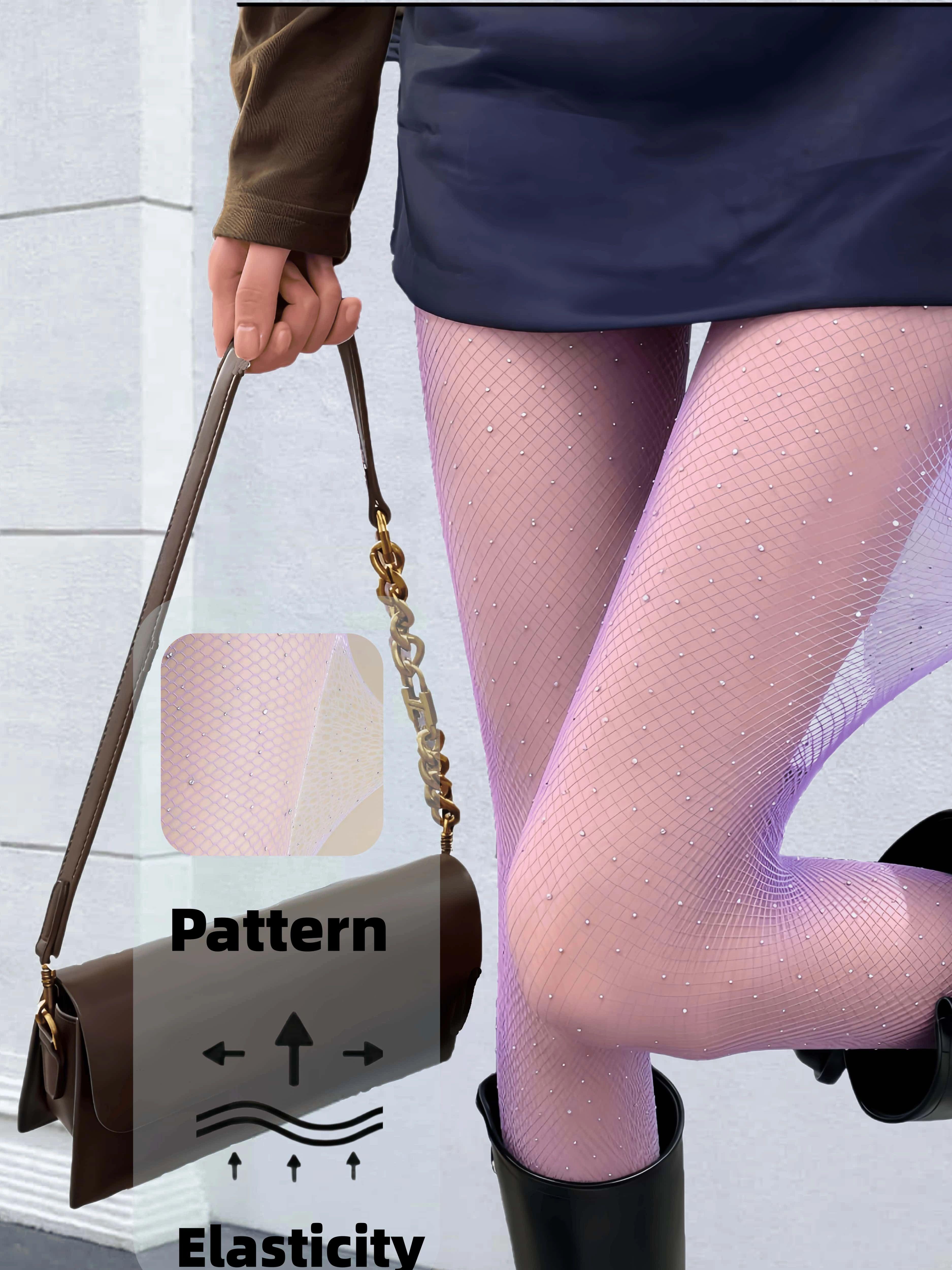 Women S Purple Bling Rhinestone Fishnet Pantyhose High Elastic Sheer Slim Fit Casual See Through Mesh Stockings S
