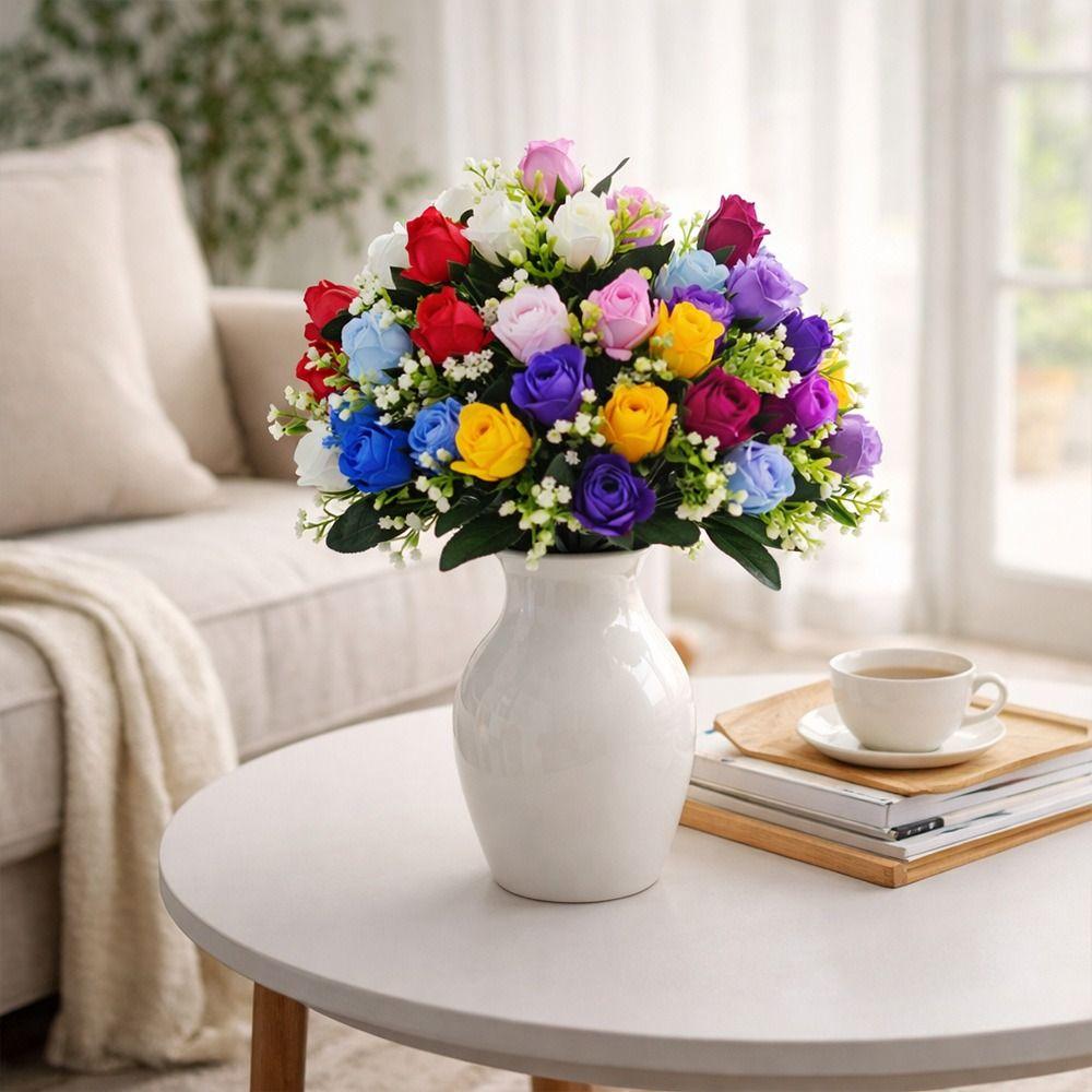 12 Heads Artificial Rose Bouquet Two Colors Wedding Decorations Silk Roses Plastic Rose Flowers