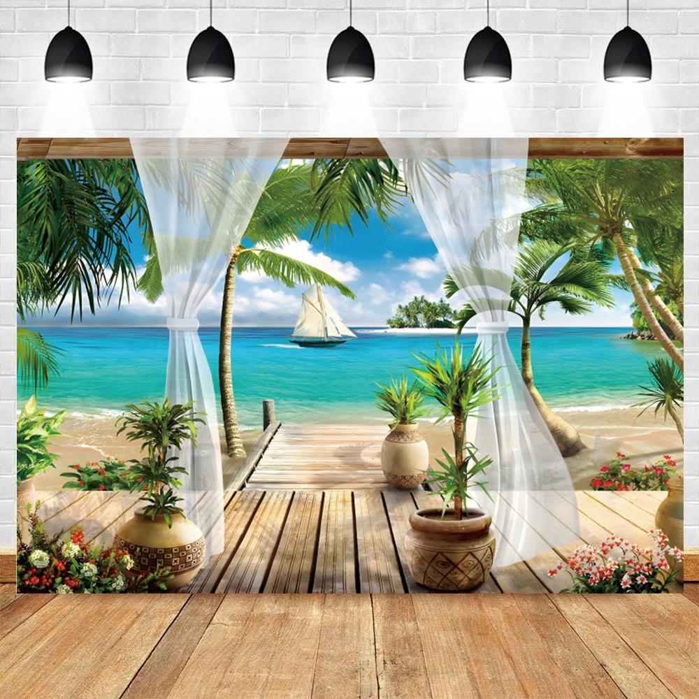 Summer Seaside Tropical Beach Balcony View Backdrop Palm Trees Mountain Wedding Party Portrait Photography Background Photo Prop