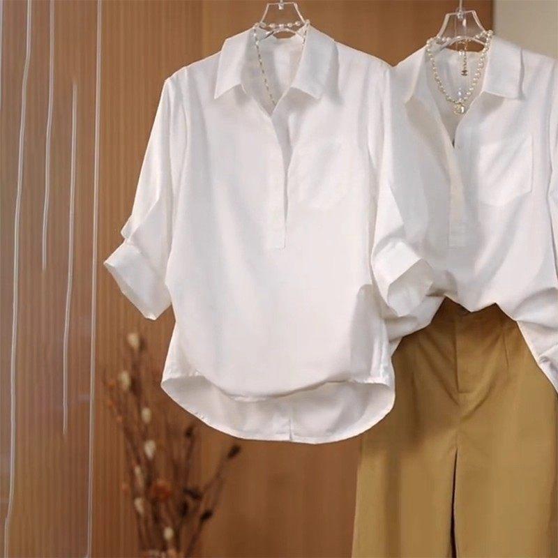 

Large size design sense white short-sleeved shirt women s early spring new fat MM thin casual versatile lapel top M белый