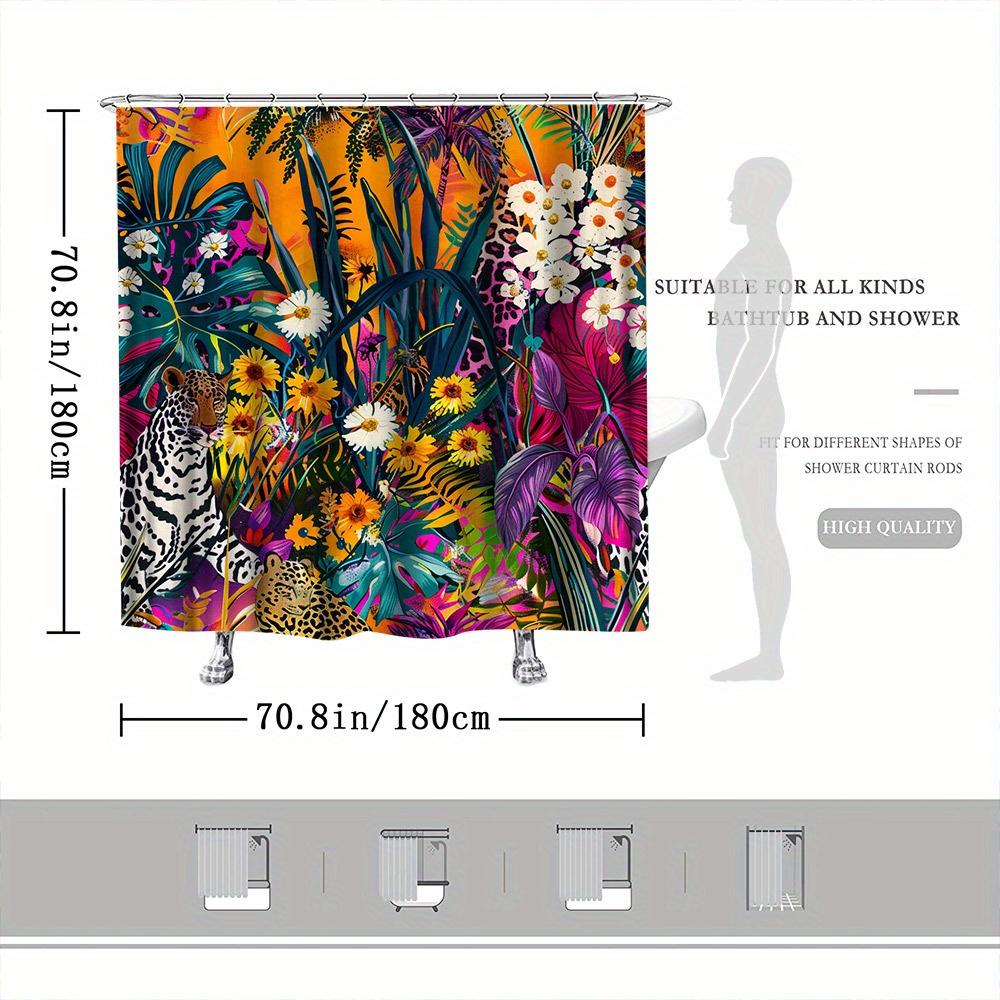 Jungle Leopard Shower Curtain - Black-Spotted Leopard, Tropical Plants, Gradient Orange Sky, 70.8x70.8, Fade-Resistant Polyester