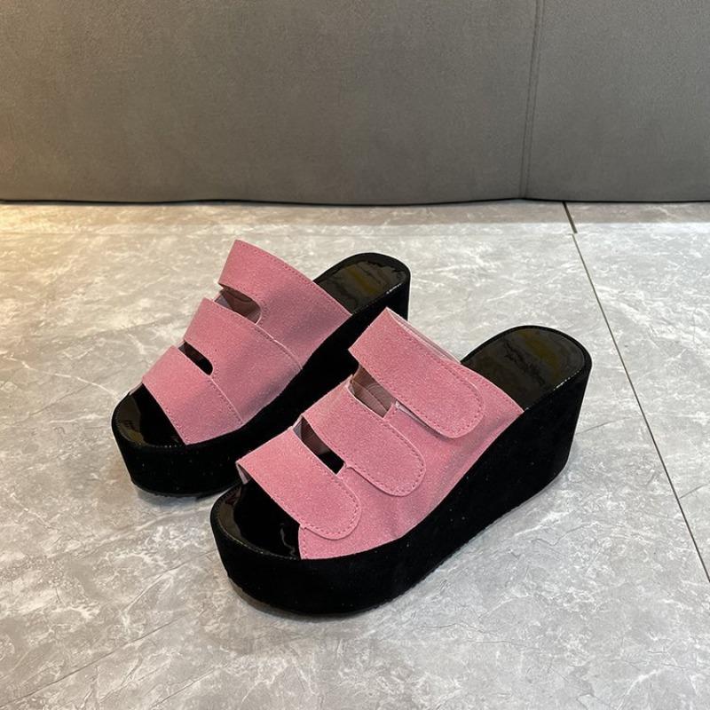 Women's Plus Size Velcro Platform Wedge Sandals, Suede Chunky Heel Summer Slides