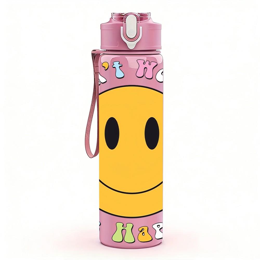 1PC Smiley Face Retro Simple Slogan Art Print 750ml Color Plastic Sports Water Bottle Leakproof Flip Straw Lid Suitable for Sports Office Home Use