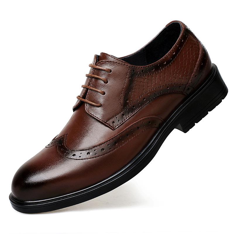 Men s Genuine Leather Brogue Shoes, Top Layer Cowhide, British Style, Soft Sole, Pointed Toe, Casual Design 37