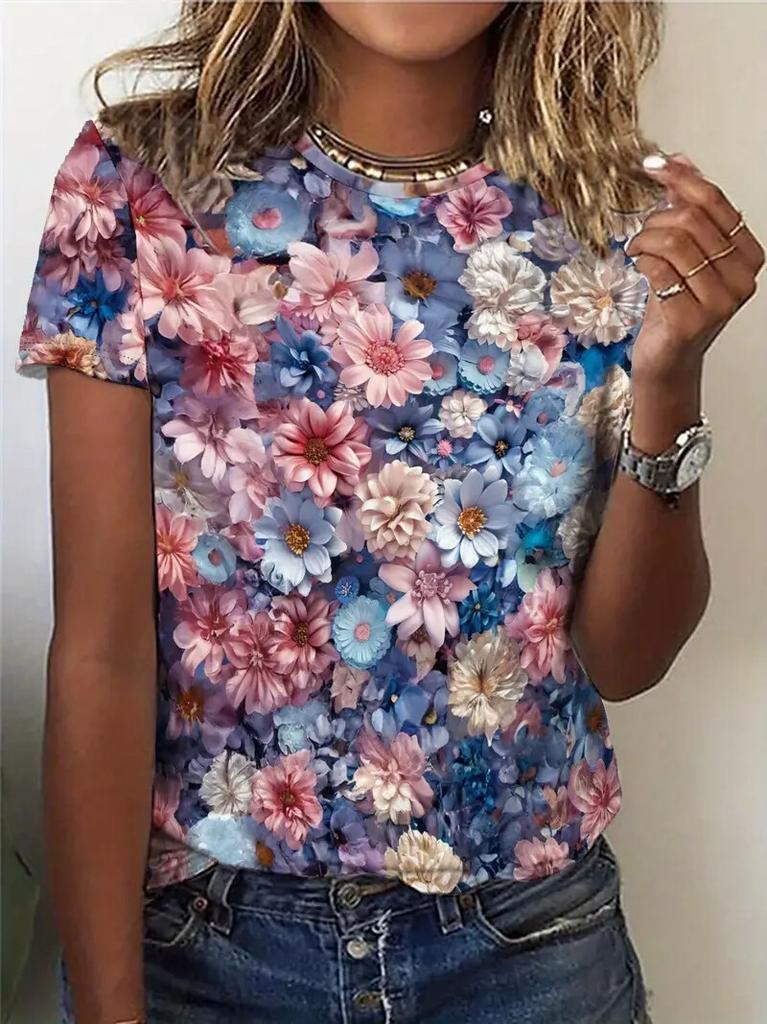 Women's T Shirt Casual Short Sleeve Flower 3d Print T-Shirt Summer Fashion Street Loose O-Neck Pullover Female Clothing
