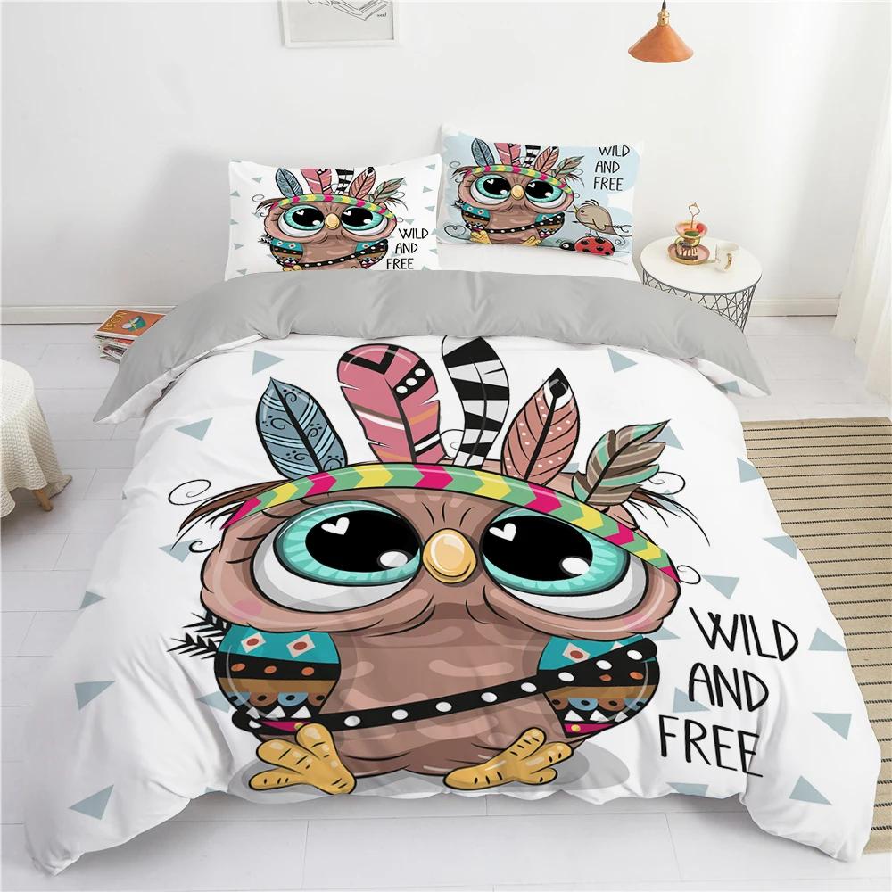 Cartoon Owl Duvet Cover Cute Night Animal For Kids Boys Girls Gifts Owl And Koala Tribal Feather Style Green Bedroom Decorations