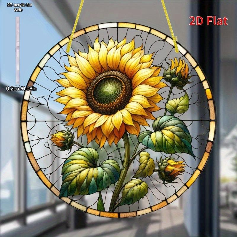 Sunflower Sunset Mountain Scenery Sun Catcher Stained Round Acrylic Hanging Decoration Suitable for Window Suncatcher Door, Four Seasons Decoration