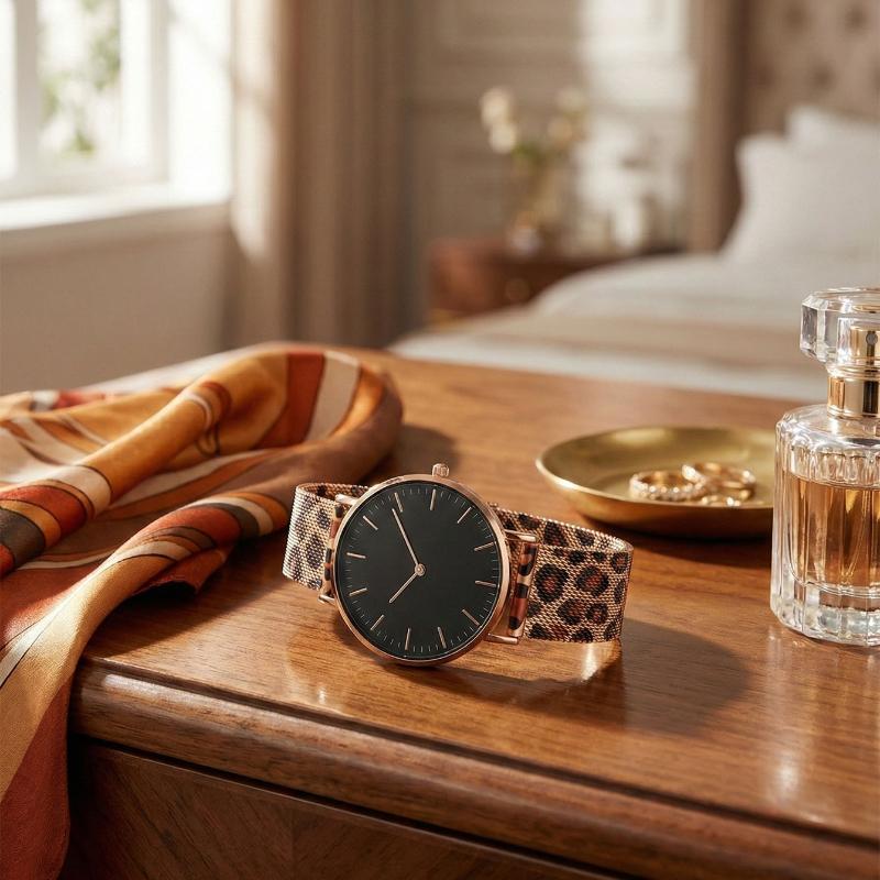Montres de Luxe Or Rose pour Femme Simple Décontracté Dames Horloge à Quartz Maille d'Acier Bracelet Léopard Montre-Bracelet Femme Montre Femme