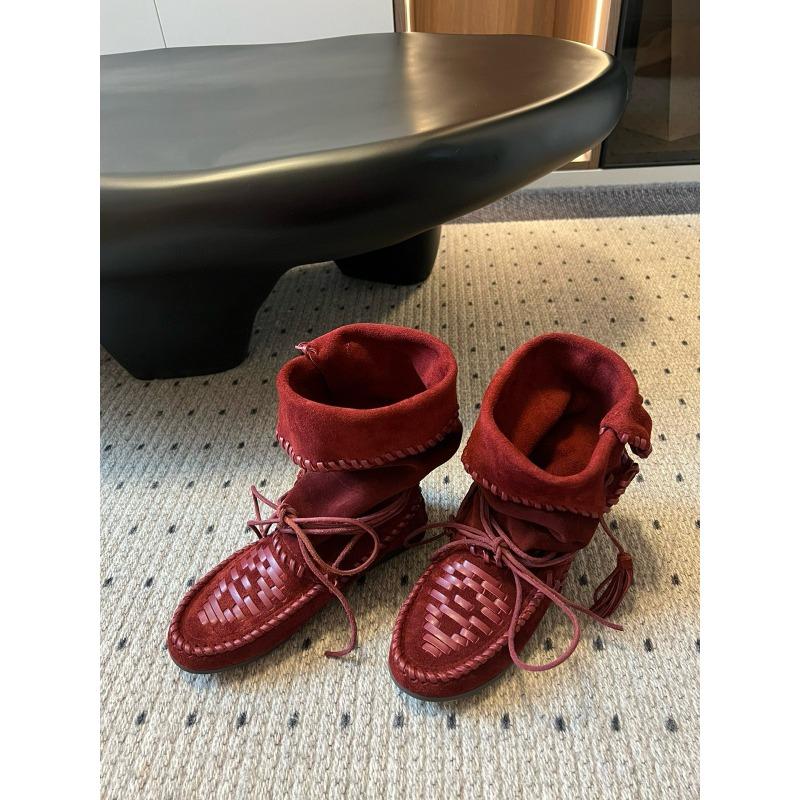 Cowhide Inner Heightening Retro Fringed Strap Western Boots Women's Genuine Leather Woven Medium Tube Stack Boots Ruffled Martin Boots