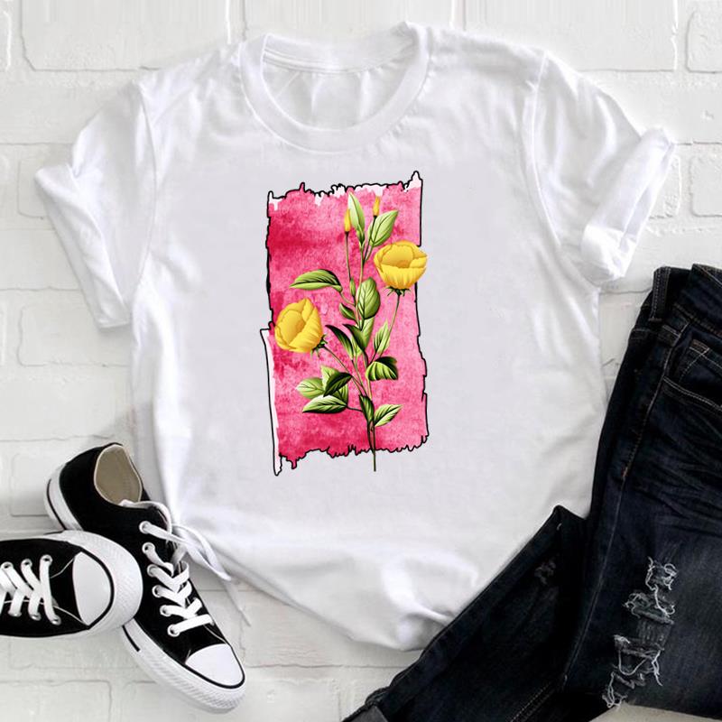 (European Size) 90s Tee Top Fashion Flower Watercolor Lovely T Shirt Clothing Casual Short Sleeve Women Print Lady Female Graphic T-shirt