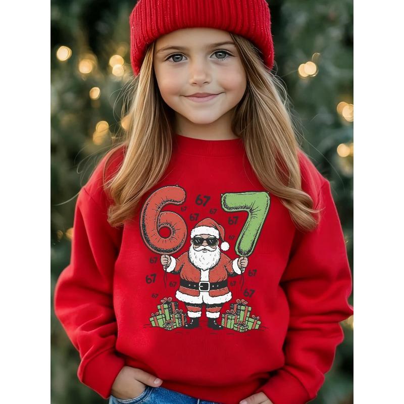 Unisex Kids Black Crewneck Sweatshirt For 4-12 Boys Girls Cool Santa Sunglasses Number 67 Balloon Gift Box Christmas Print Soft Long Sleeve Pullover