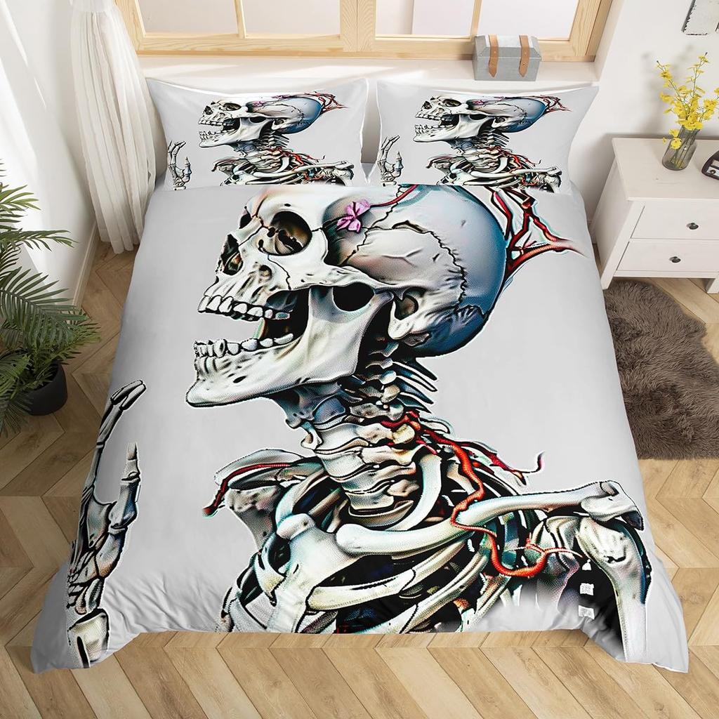 Gothic Skull Bedding Set King Queen Bohemian Skeleton Sun Duvet Cover Trippy Mushroom Comforter Cover Flower Plant Quilt Cover