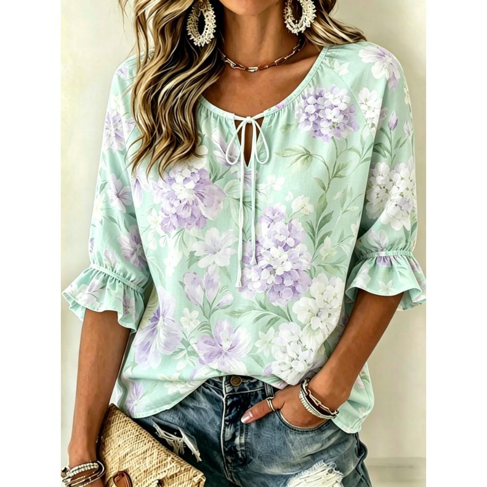 Women's Soft Pink Watercolor Floral Print Tie Front Blouse, Casual Loose Top for Spring Summer Daily Wear