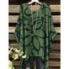 Women's Plus Size Olive Green Bohemian Style T-shirt - Full Body Digital Printed Irregular Hem Short Sleeved Round Neck Top