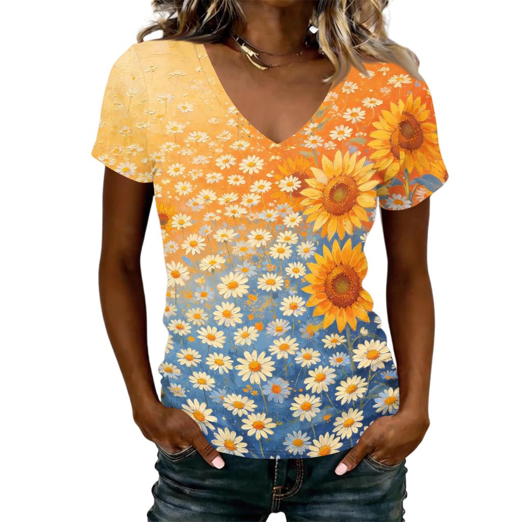 Women's Casual V Neck Short Sleeve Floral Print T Shirt Top Lightweight Breathable Summer Tee Shirt for Daily Wear