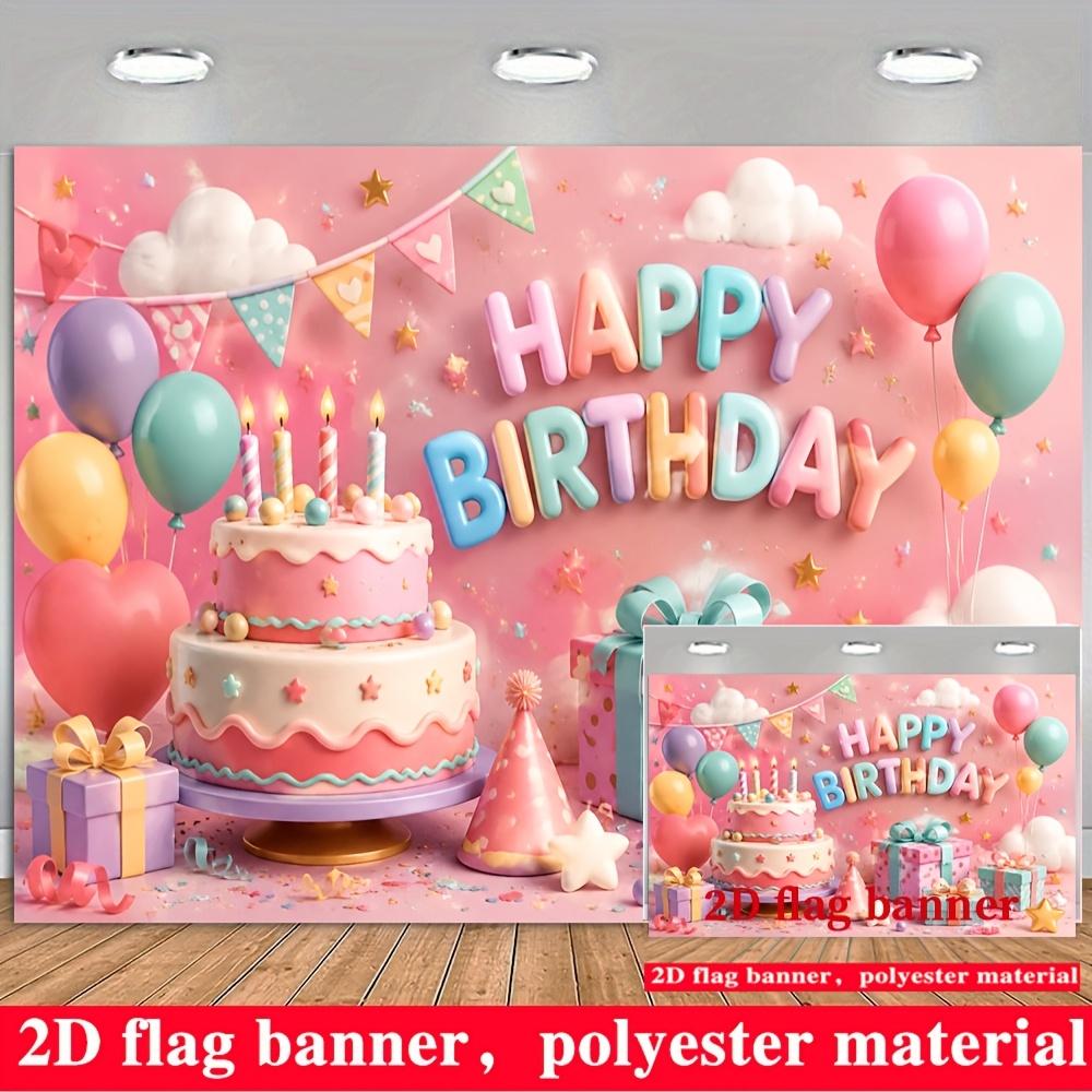 Macaron Pink Birthday Party Backdrop Cream Cake Striped Candles Balloons
