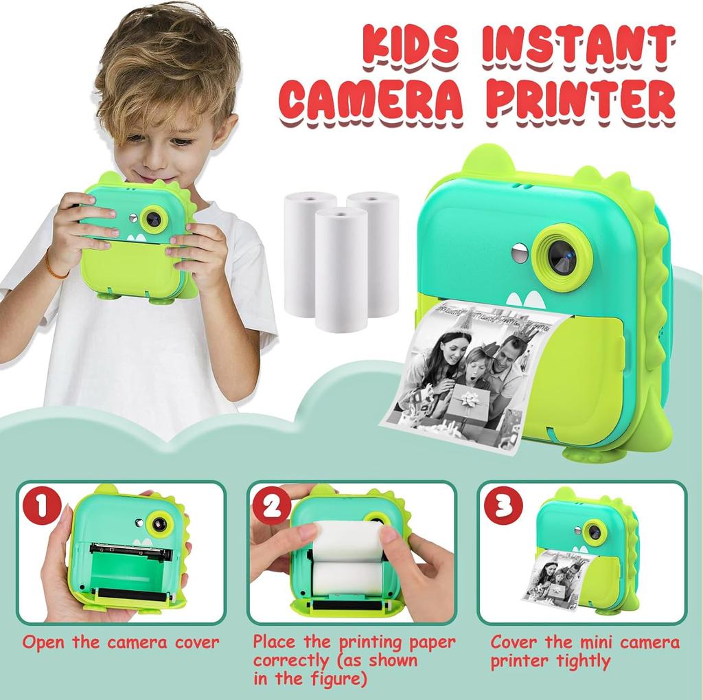 Instant Print Camera for Kids, Inkless Sticker Printer for Girls Boys Age 3-12, 20MP HD Digital Video Cameras, Mini Thermal Printer Kid Toy
