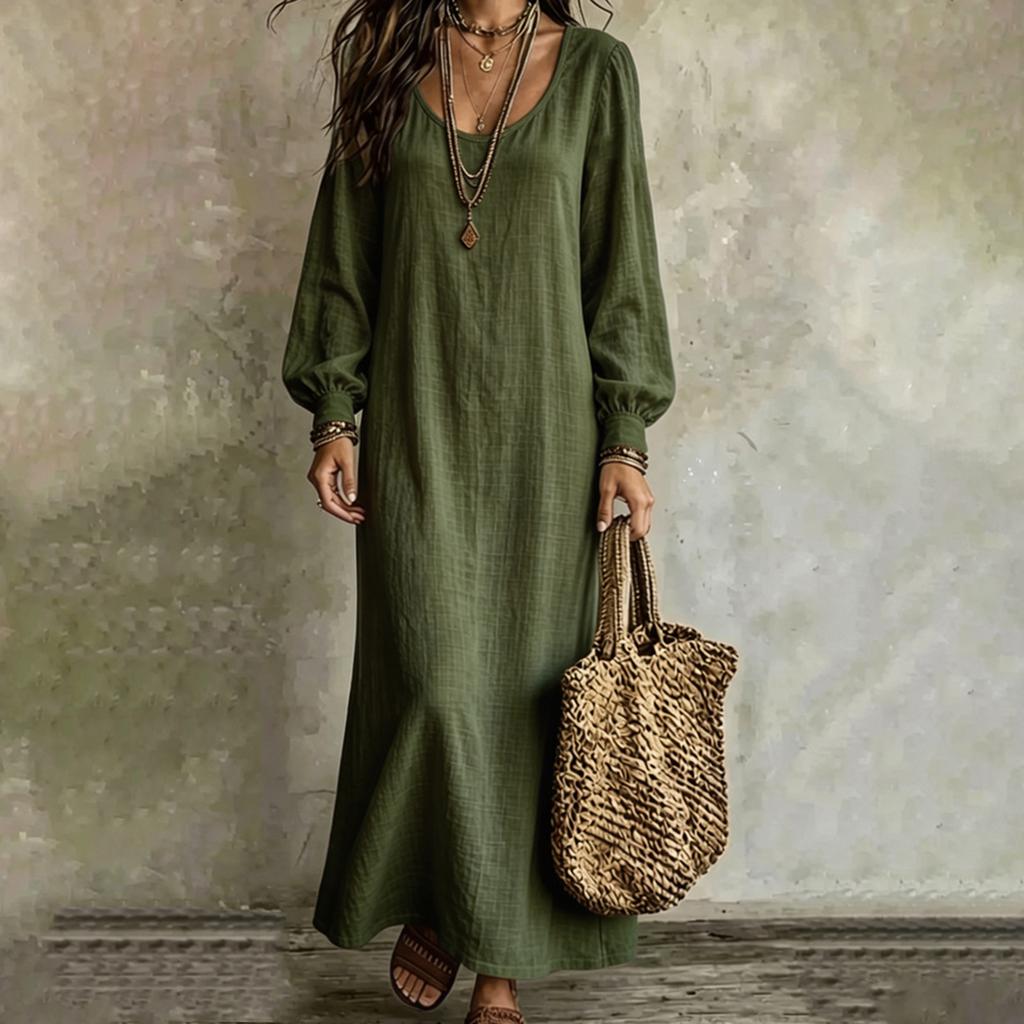 Women's Casual U Neck Long Sleeve Color Maxi Dress for Vacation and Summer