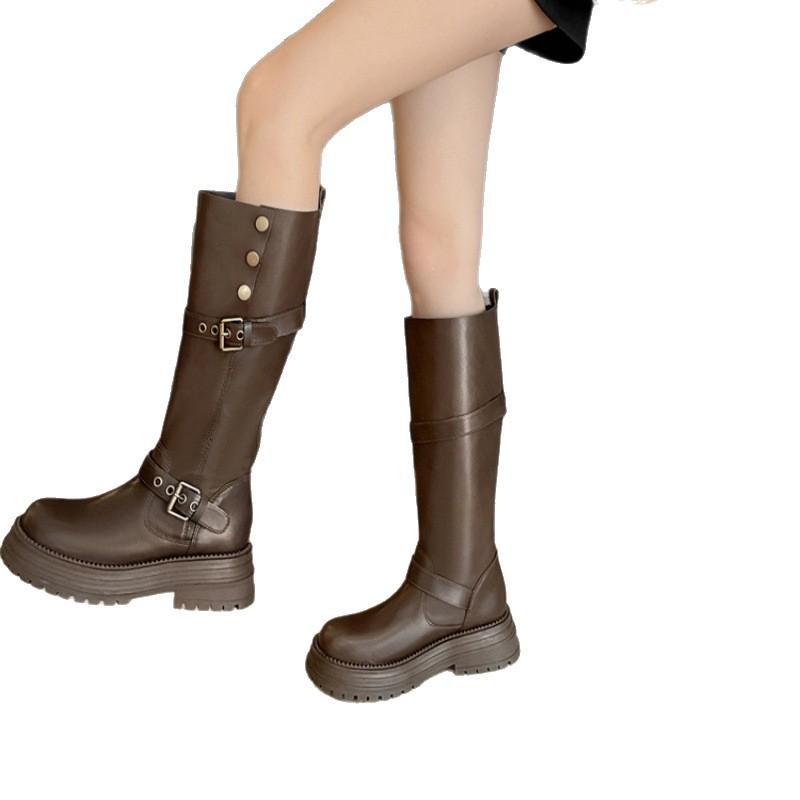 Black Retro British Style Thick Heel Platform Boots Women's 2025 Autumn and Winter New Boots Tall and Thin Knight Boots