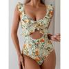 Vintage Floral Print One Piece Swimsuit 2024 Women Ruffles Hollow Out Slim Tummy Control Swimwear Beach Bathing Suit Monokini