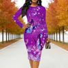 Plus Size Women Long Sleeve Round Neck Midi Dress Purple Glitter Butterfly Print Pencil Dress