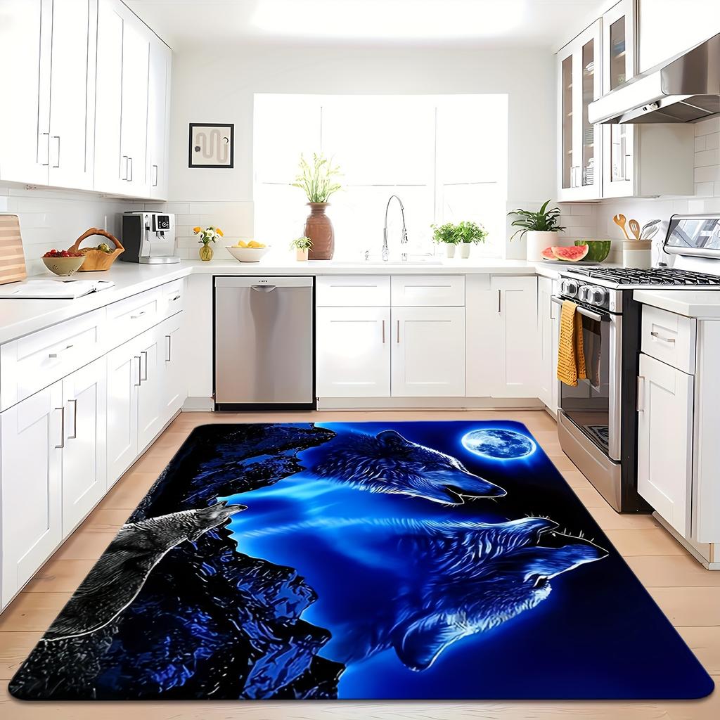 Dramatic Blue Wolf Howling Moon Area Rug Modern Forest Night Print Throw Mat for Living Room Decor