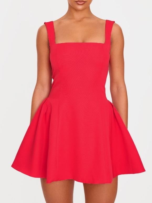 Women's Sleeveless Square Neck Cinched Waist Mini Flared Party Dress