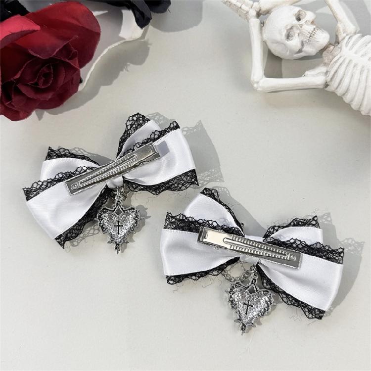 Fermaglio per capelli con design a catena a forma di cuore e fiocco, Barretta in pizzo punk per donna/ragazza, per abbigliamento casual e formale, Accessorio per capelli anime, 2 Pezzi