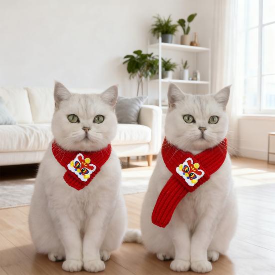 Red Knitted Cat Scarf Chinese New Year Pet Scarf Embroidered Fortune Scarf for Cats Small Dogs