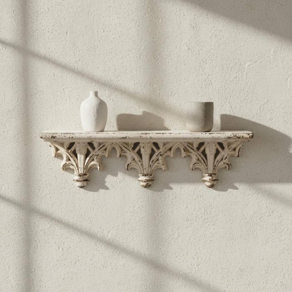 Carved Display Shelf Distressed White Finish French Decorative Wall Ready To Hang for Photo