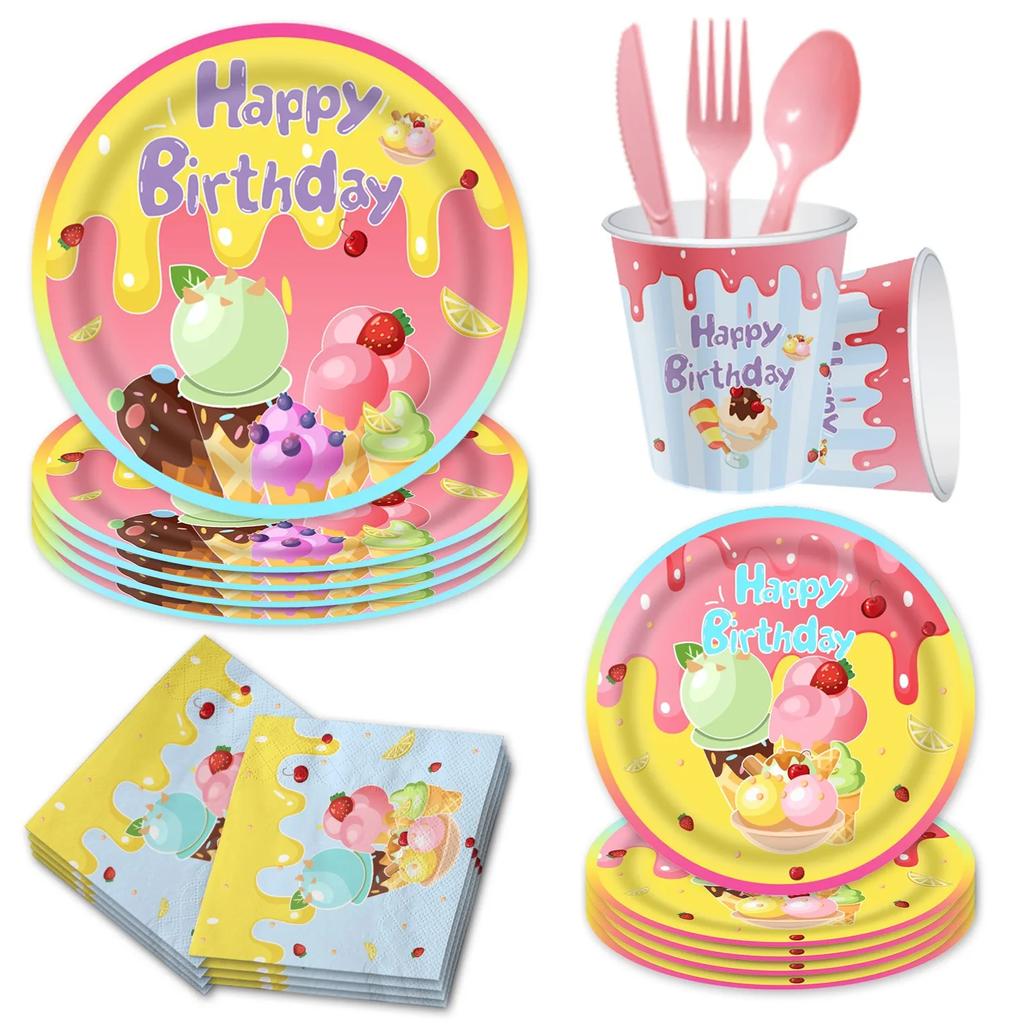 8Guests Ice cream Theme Disposable Tableware Summer Ice Cream Plate Napkin Kids Happy ice-Cream Cone Birthday Party Supplies