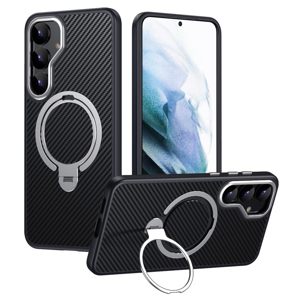 For Samsung Galaxy S24+ Case Compatible with MagSafe PC+TPU Phone Cover Ring Holder Carbon Fiber Texture