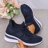 Damen Glitzernde Strass Dicke Sohle Sneaker - Atmungsaktives Strickgewebe, Rutschfeste Mode-Sneaker mit Schnürverschluss, Lässige Bequeme Schuhe