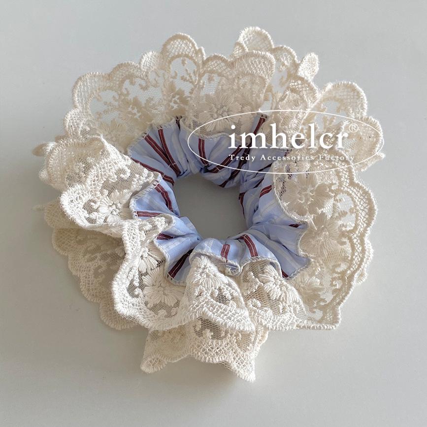 Cream Light Blue Striped Lace Embroidered Scrunchie - Korean Style Hair Accessory for Women синий