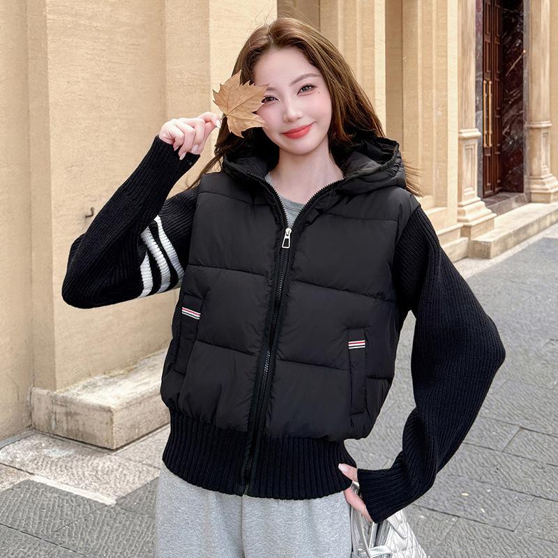 Autumn and winter new hooded light knitted cotton clothes women's new splicing liner short sports running jacket