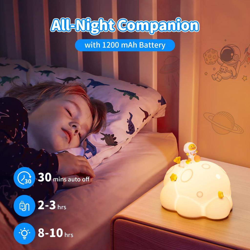 ICARER FAMILY Söt Nattmjuk Silikon Dimbar Baby Natt Uppladdningsbar Sänglampa med Planet Söt Dekoration för Perfekt Gåva för Rymdfödelsedag Baby