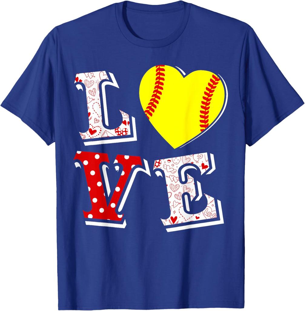 Softball Love Heart Valentine Day Graphic Tee Breathable Cotton T-Shirt for Women Men