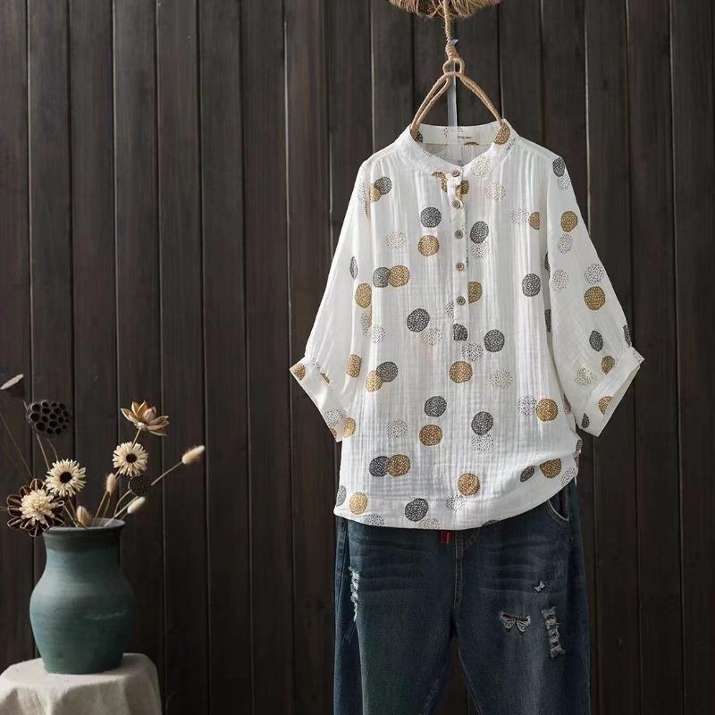 Autumn Double-layer Cotton Yarn Blouses & Shirts Printed Plus Size Shirt Loose Five Quarter Sleeve Stand Up Collar Top Cotton Yarn Shirt