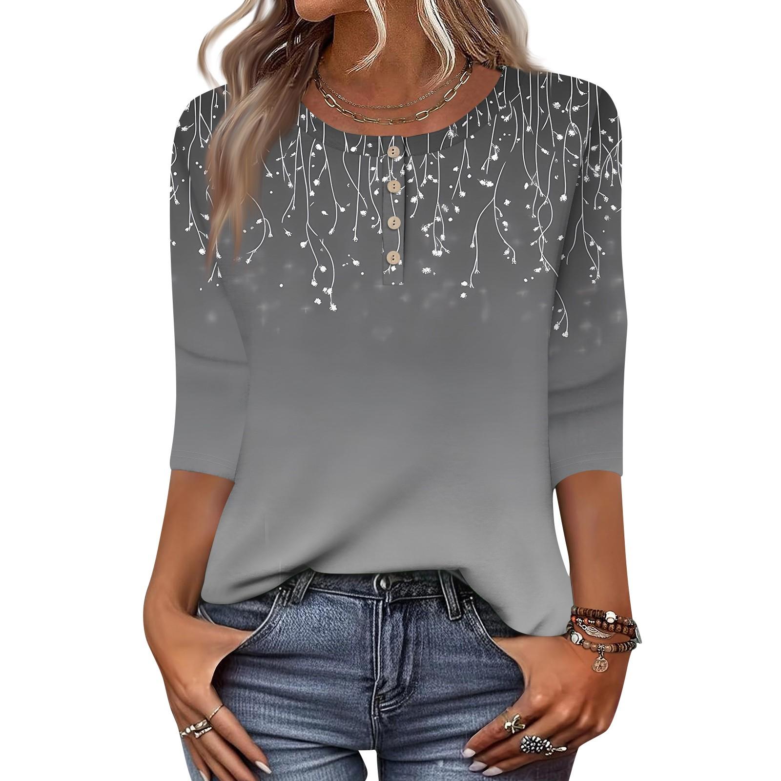 

Жіночі топи з рукавами 3/4, квіткові сорочки, сорочка на половину ґудзиків, літня блузка з круглим вирізом S