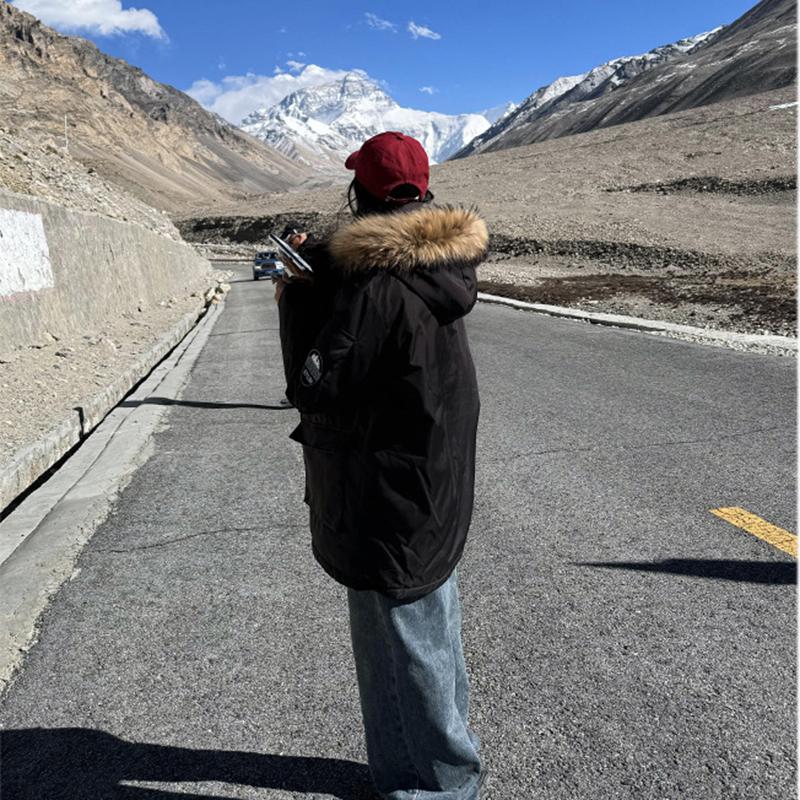 Roupa de Trabalho Outono e Inverno com Gola de Pele, Jaqueta Parker de Algodão com Penas, Jaqueta de Algodão Moda Americana, Jaqueta Quente Média a Longa, Roupa Exterior de Algodão Casual